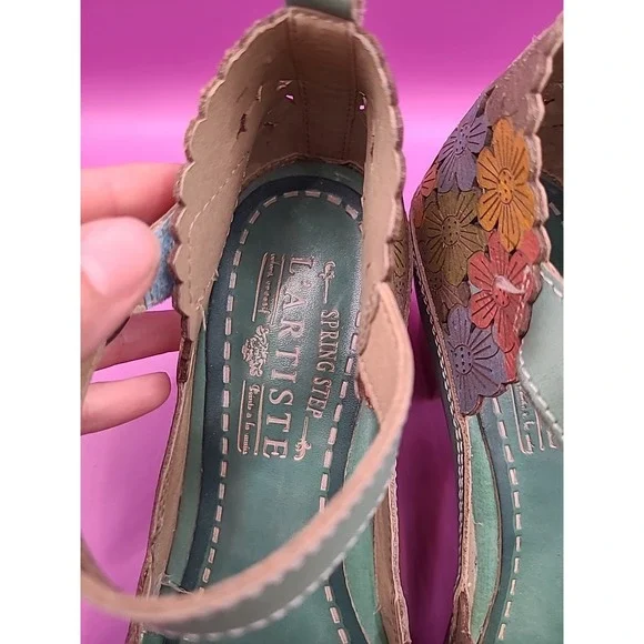 L'Artiste AVNIA Sandals Blue Multi Floral Hand Painted Peep Toe Heels 39 - Picture 10 of 12